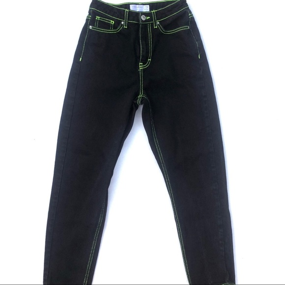 Topshop Neon Stitch High Waist Tapered Mom Jeans - Picture 2 of 7